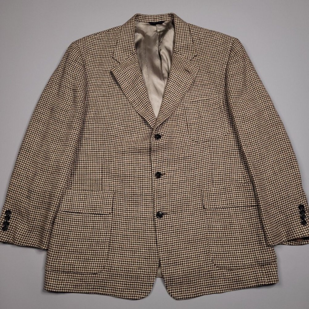 Coach 100% Linen Houndstooth 3 Button Sport Coat Blazer Made In USA 46R